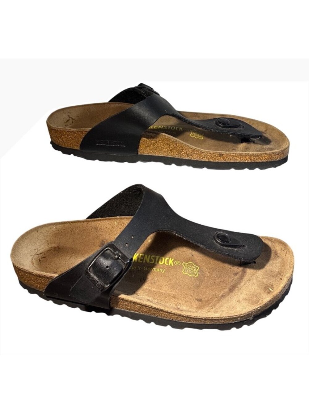 Birkenstock Gizeh Black Leather Sandals Size 38 EU 7 US Cork Footbed READ